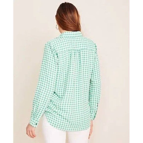 Ann Taylor Womens Large Green White Gingham Long Sleeve Blouse Shirt Top - Picture 3 of 13